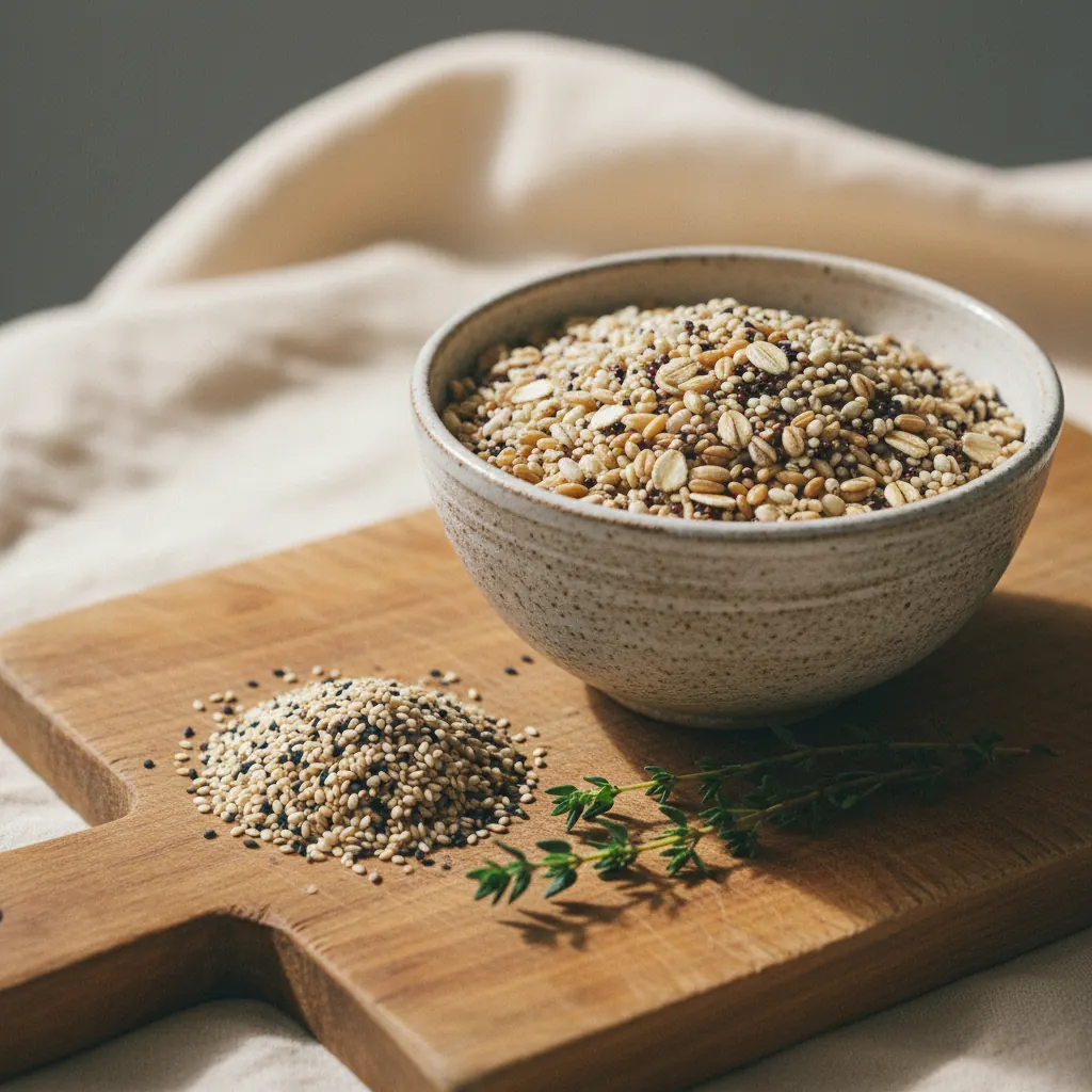 A ceramic bowl of mixed seeds and whole grains beside a small pot of herbs on a kitchen counter