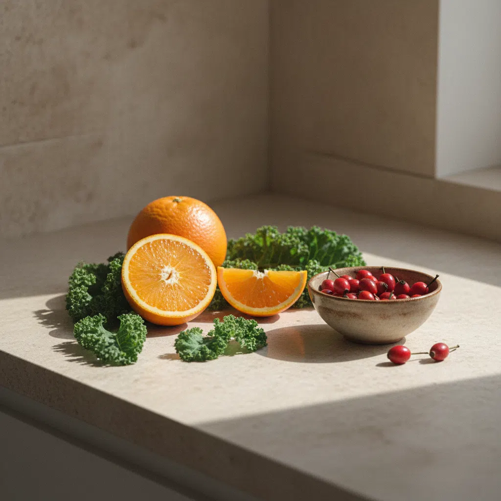 Fresh oranges, rosehip berries and green leaves arranged on a light stone surface