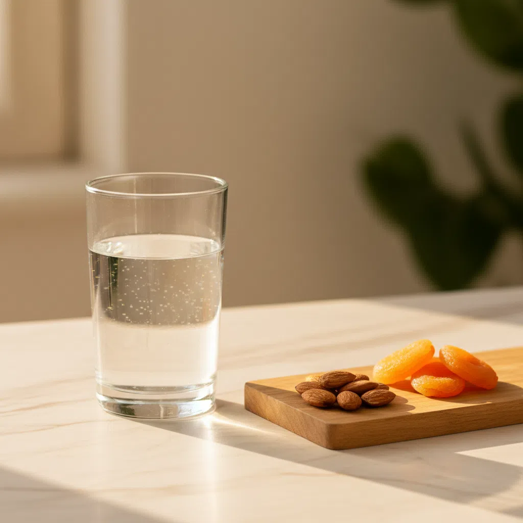 Soft morning light through a kitchen window with a glass of water and almonds on a wooden table