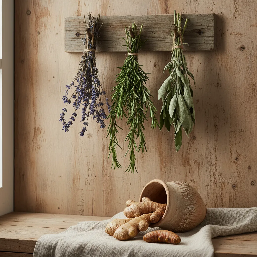 Bunches of dried herbs and a small bowl of spice on a rustic wooden board
