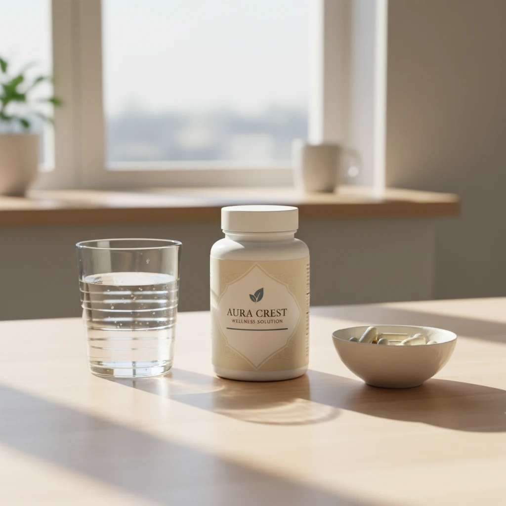 Aura Crest Wellness Solution jar next to a glass of water and a small bowl of nuts on a bright kitchen table