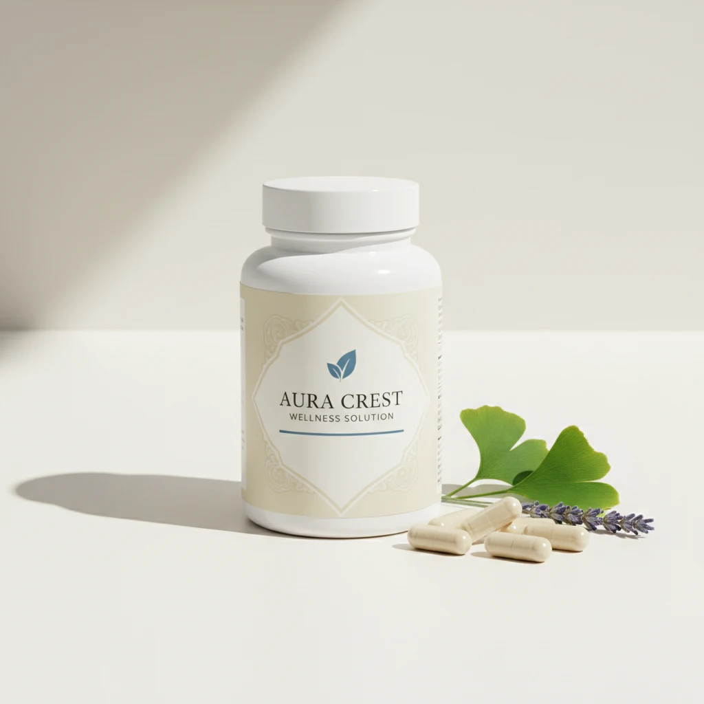 Aura Crest Wellness Solution - frosted glass supplement jar with wooden lid on a clean white surface